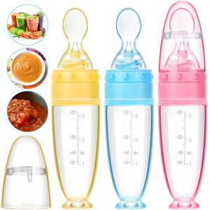 Tondiamo 3 Pcs Baby Food Spoon 3oz Silicone Feeder Dispenser Bottle Feeding Infant Cereal Fruit 6 Months Utensils Set Rice Holder Teething Feed Suction Weaning Newborn Supplies Travel