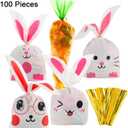 Jetec 100 Piece Easter Goodie Bags Including 40 Pcs 5.5 x 8.5 Inches Bunny Treat Bags and 60 Pcs Carrot Shape Gift Easter Candy Cone Cellophane with 100 Twist Ties Cookie Snack Party(Color Set B)