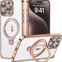 Compatible with iPhone 15 Pro Max Case with Magnetic Ring Stand [Camera Len Protectors][Compatible with Mag-Safe] Clear Plating Phone Case for iPhone 15 Pro Max 6.7",Desert Gold