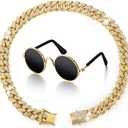 Xuniea 2 Pieces Cat Dog Chain Collar and Sunglasses Set Rhinestone Collar with Secure Buckle Round Glasses (Gold, Black,10 Inch)