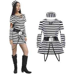 PUIWNON Prisoner Costume Women Jail Costume Adult Prison Outfit Striped Convict Inmate Uniform for Halloween, S