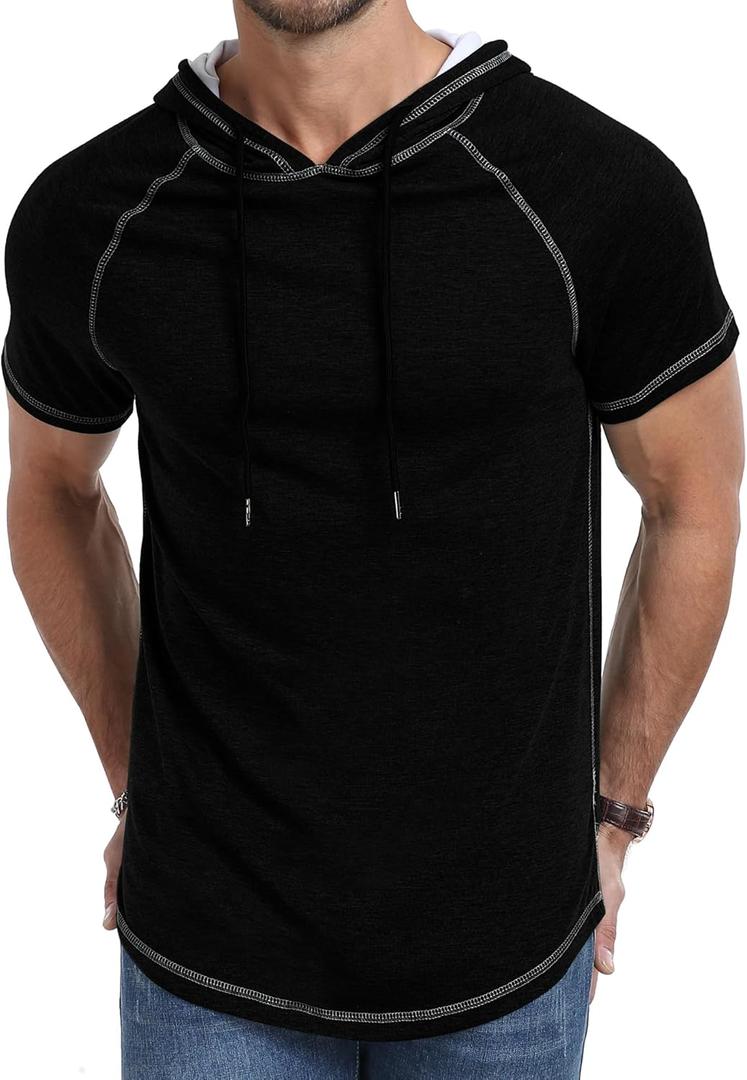 Aiyino Men's Short Sleeve Hoodie Workout Gym Sweatshirt Muscle Fit Fashion Athletic Hoodies Pullover Cotton Hooded T-Shirts (Large, Black)