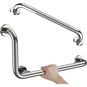 Polished Chrome L-Shaped Grab Bar 12x24 Inch + Knurled Shower Grab Rail 20 Inch, Zepolu Stainless Steel Toilet Safety Bar 90 Degree, Angled Balance Support Assist Bar, Bathroom Mobility Aid Handrail