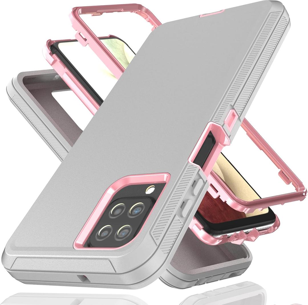 for Galaxy A12 5G Case 3 in 1 Shockproof TPU Hard PC Bumper Drop-Proof Shell for Samsung Galaxy A12 5G Lihgt Gray/Pink