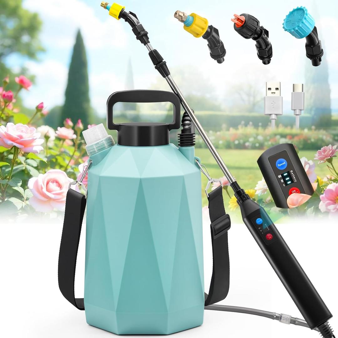 Battery Powered Sprayer 1.35Gallon/5L, 2025 Upgraded Electric Sprayer in Lawn and Garden with 3 Adjustable Force, Battery Indicator, Rechargeable Handle, Telescopic Wand,3 Mist Nozzles, Shoulder Strap