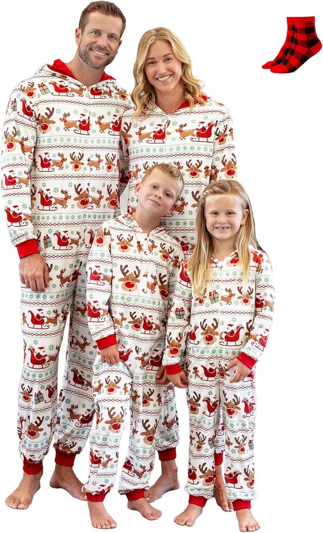 PATPAT Matching Family Christmas Onesie Pajamas  Holiday Hooded Jumpsuit Sleepwear PJs Couples Xmas Loungewear with Socks (Small, Red Santa Reindeer)