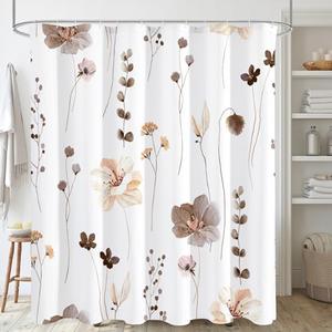 Gibelle Watercolor Floral Shower Curtain, Brown Beige Flower Shower Curtain for Bathroom, Modern Minimalist Waterproof Fabric Shower Curtain Set with Hooks 72x72 Inch