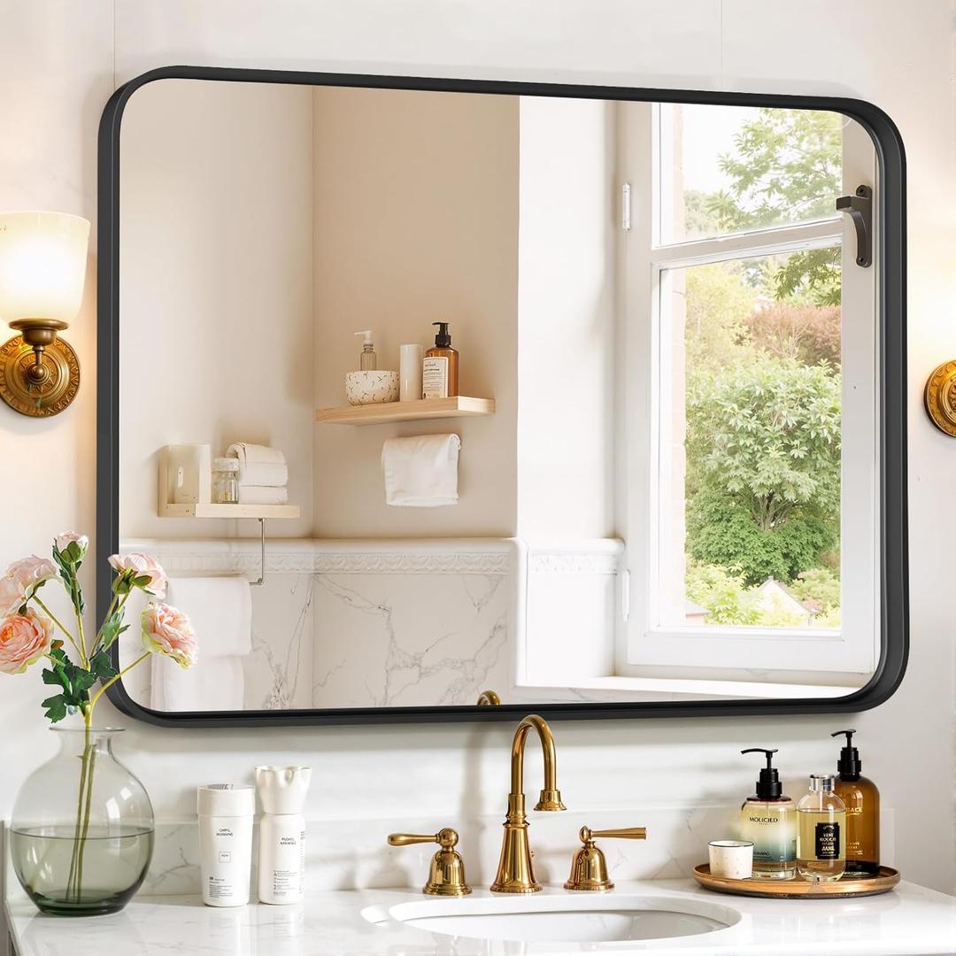 Bathroom Mirror 40x30 Inch Black Metal Frame Rectangle Vanity Mirror with Rounded Corners, Modern Wall Mounted Anti-Rust Mirror for Farmhouse, Restroom, Entryway, Horizontal or Vertical Hanging