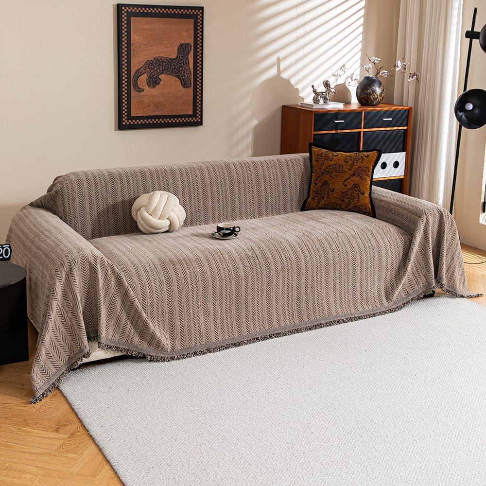 Sofa Covers for 3 Cushion Couch Seat, Loveseat Non Slip Couch Cover Chenille Strip Couch Throw Blankets with Tassel, Sectional Sofa Slipcover Furniture Protector for Pets, Kids 71"x134", Light Brown