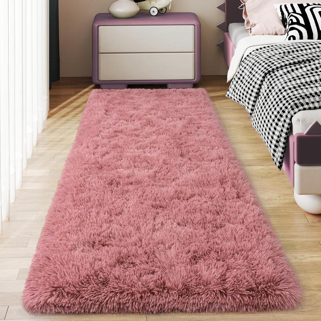 Soft Runner Rugs for Bedroom Hallways, 2x6 Blush Pink Fluffy Shag Throw Area Rug Non Slip for Bedside Dorm, Long Shaggy Furry Carpet for Nursery Living Room