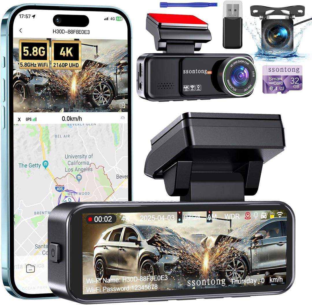 Car Camera - Dash Cam Front and Rear, 4K Dash Camera for Cars Built-in 5.8G WiFi GPS ADAS Dashcam,3.2" IPS Screen Dash Cam with Free 32GB Card,G-Sensor,Loop Recording,WDR,Night Vision Dashboard Camera