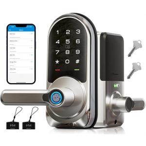 Veise RZ09 Smart Lock, 7-in-1 Keyless Entry with Handle Set, APP Control Fingerprint Deadbolt for Front Door, Electronic Digital Locks with Keypad, Satin Nickel
