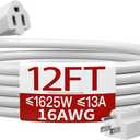 16/3 Indoor Extension Cord 12 FT, White Extension Cord Flexible & Durable, 3 Prong Power Cable, Suitable for Home and Office, 13 Amp 1625 Watt 125VAC 16AWG, ETL Listed