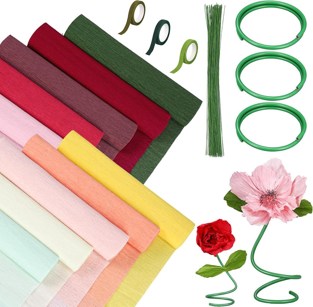 Gilprop 116 Pcs Crepe Paper Flower Stem DIY Kits Set, Include 9.8 x 98 in Crepe Paper Sheet 14.76 Ft Floral Iron Wire for Flower Making Birthday Parties Weddings Festival Decor(Pink and Red)