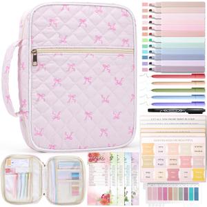 XKDOUS Bible Cases with Study Supplies Durable Carrying Book Case Quilted Bible Cover Large Bible Bag with Handle & Zippered Pocket Portable Church Book Holder for Women (Cotton Pink Bow)