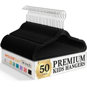 HOUSE DAY 14 Inch Kids Velvet Hangers 50 Pack, Durable Big Kid Hangers for Youth, Teen, Non Slip Kids Felt Hanger, Cute Childrens Hanger for Closet, Black
