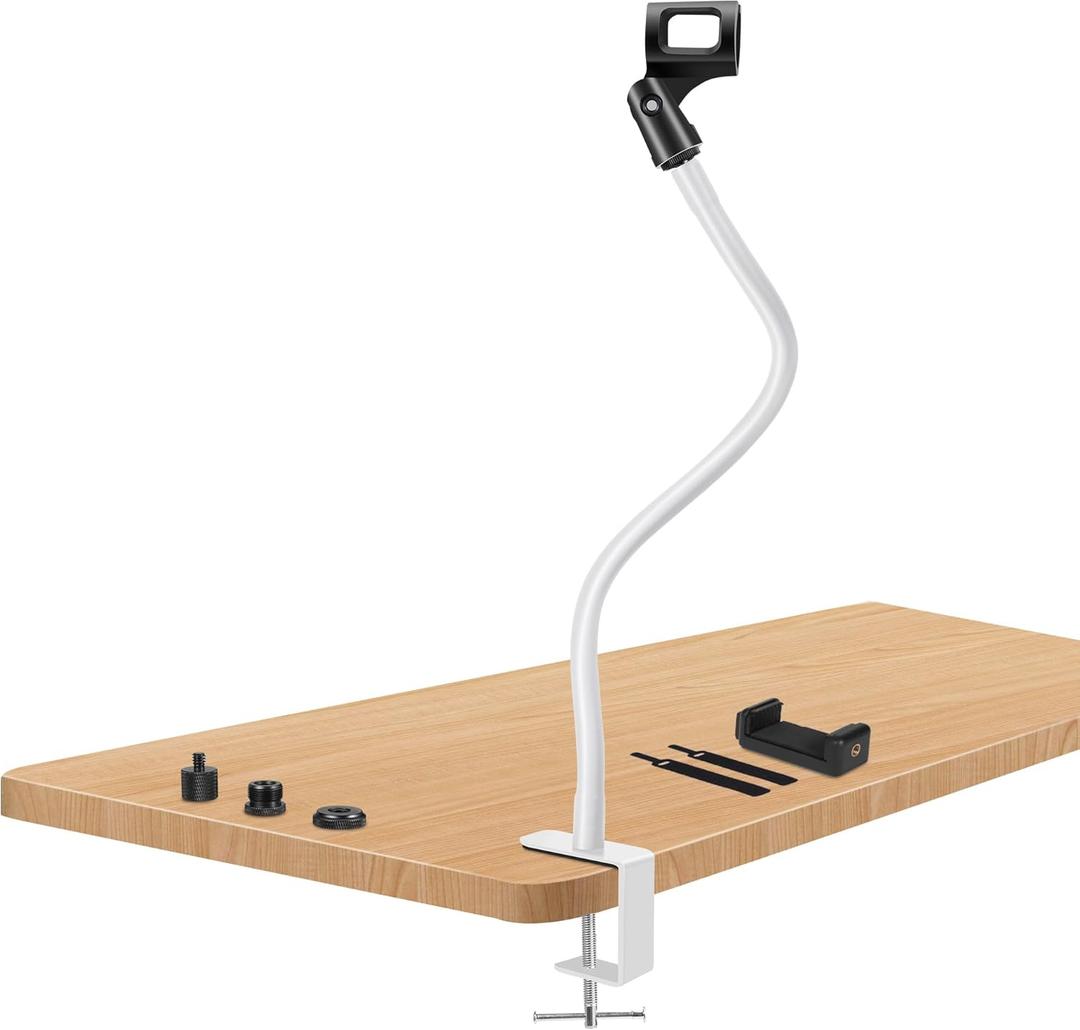 Gooseneck White Microphone Stand Desk Mic Stand Arm Long 20.5'' Sturdy Adjustable Microphone Holder Clip On Mic Holder Flexible Mike Stand Clamp Podium Mic Stand For Podcast Mount Traveling