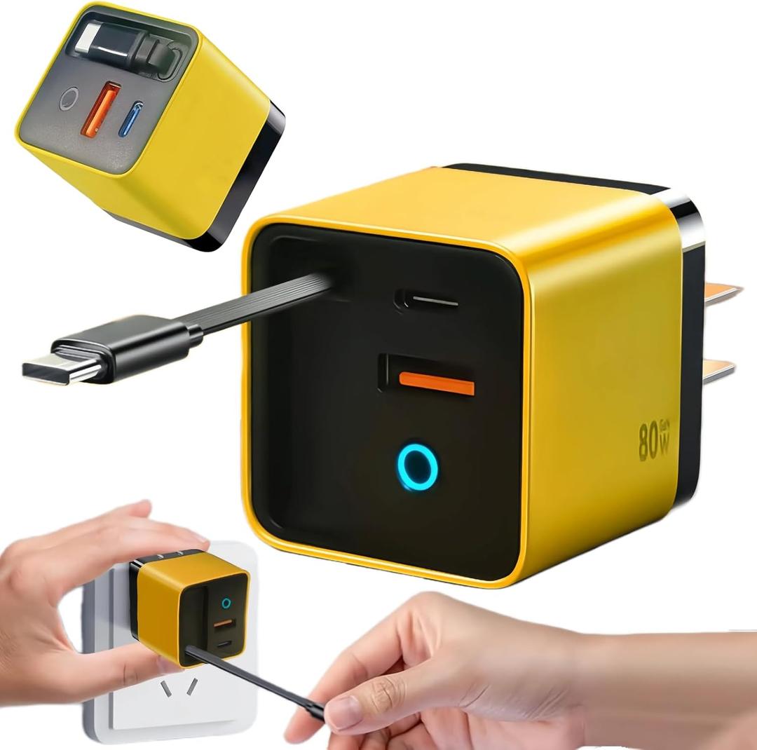 3 in 1 GaN Charger,80w Fast Charger Adapter with Type-C Cable & 2 USB Ports,Multi-Functional Retractable All in one Charger for Phone,Tablets,laptops (Yellow)