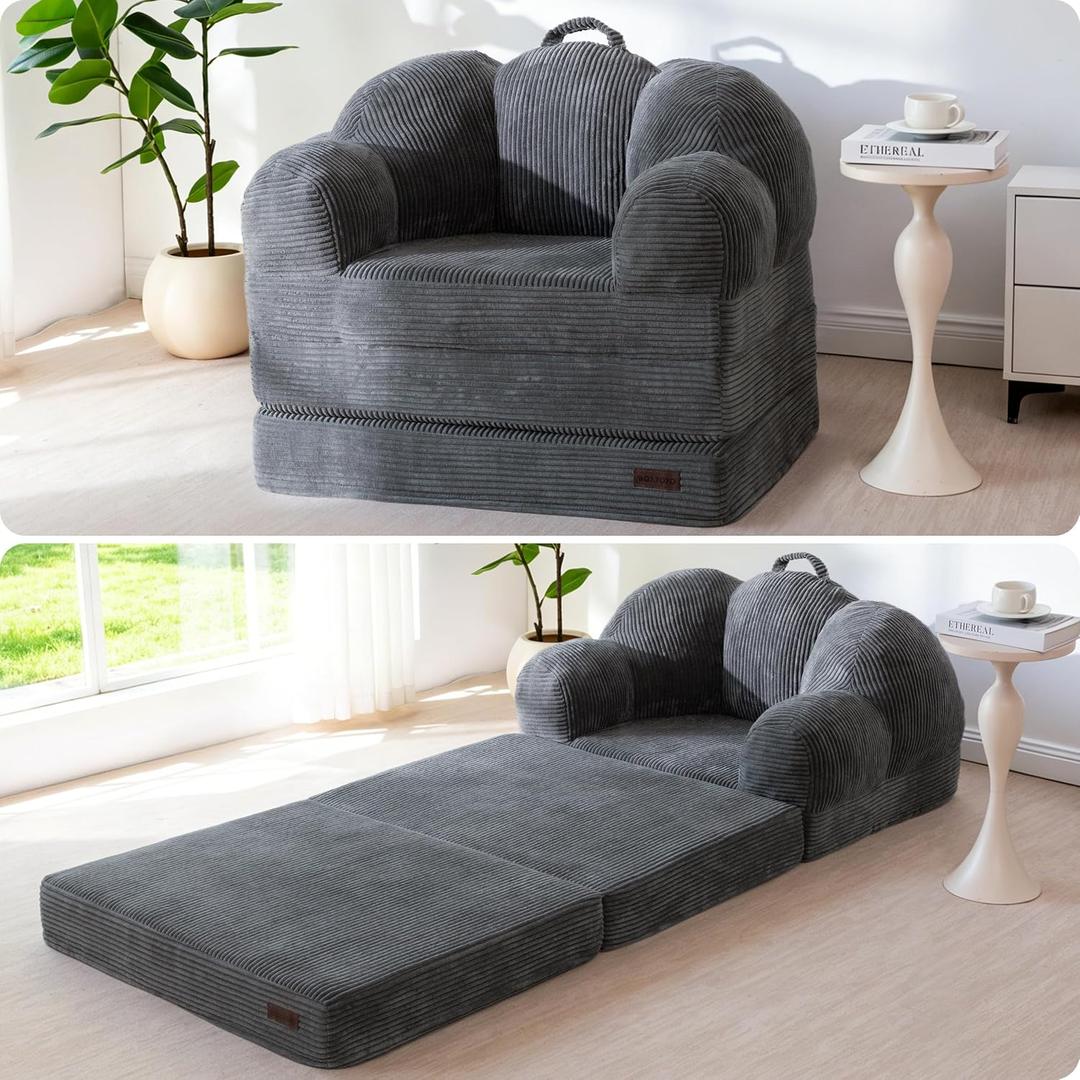 MAXYOYO Folding Sofa Bed, Floral-Shaped Convertible Floor Sofa Couch with Backrest, 2 in 1 Comfy Lounger Bean Bag Chair with Handle, Floor Single Couch for Living Room Bedroom, Dark Grey, Large