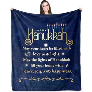 LekinGift Hanukkah Gifts, Jewish for Adults, Kids, Family, Soft Menorah Throw Blanket with Dreidel & Star of David Design, Hanukkah Blessing Blanket 50"x60", Chanukah Gift