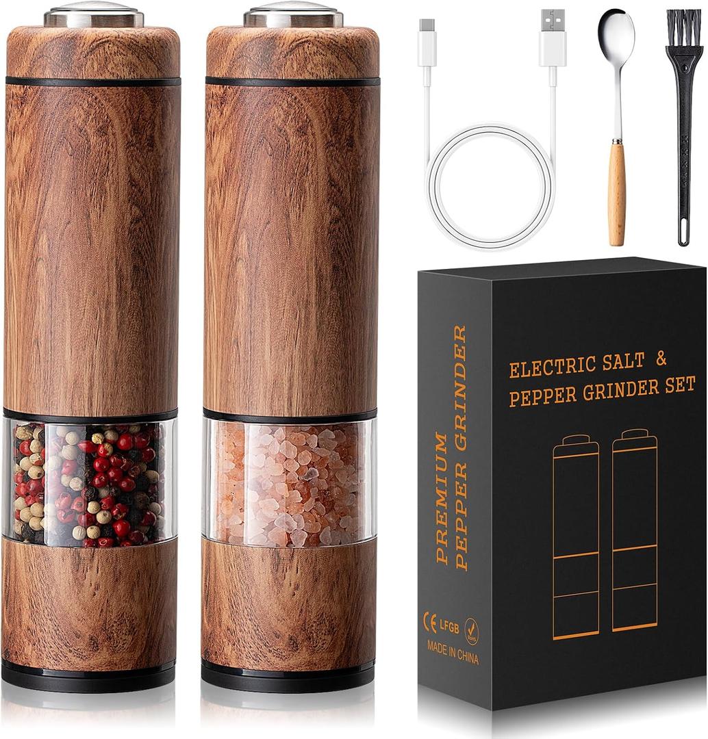 Electric Salt and Pepper Grinder Set Rechargeable Automatic Salt and Pepper Shakers with Adjustable Coarseness, LED Light, One-Hand Operation Salt and Pepper Shakers Set (Wood Grain)