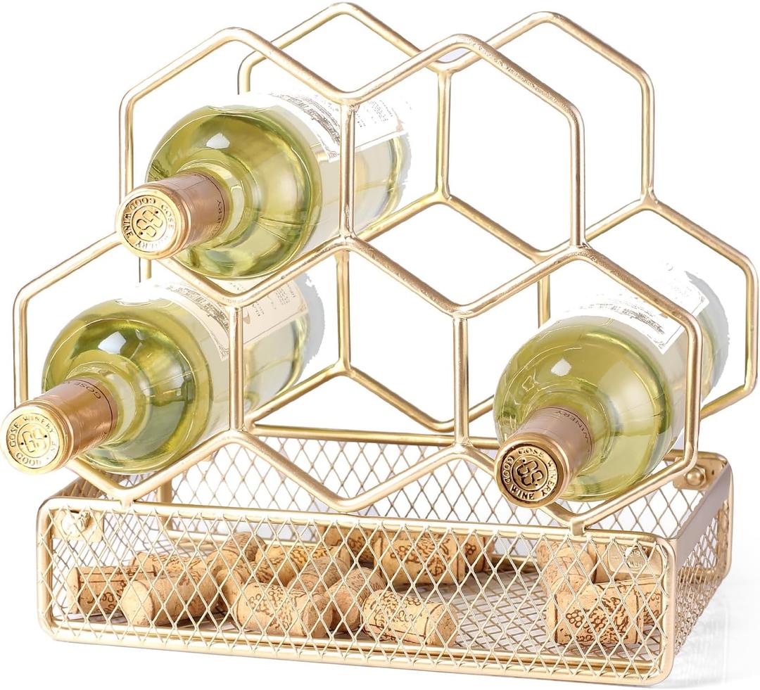 Countertop Wine Rack - 6 Bottle with Cork Storage Freestanding Modern Gold Metal Wine Rack - Tabletop Wine Holder Stand for Cabinet, Pantry, Wine Bottle Storage