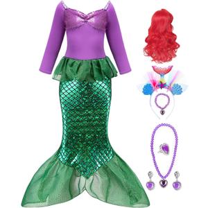 Oumbivil Mermaid Princess Dress Ariel Costume for Grils Cosplay Birthday Party Halloween Costumes with Wig,Headband,Necklace (2-3 Years)