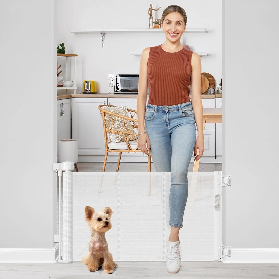 Short Dog Gate 0"-39" Wide Narrow Baby Gate 24” Tall Retractable Baby Gate to Step Over Short Baby Gate for Stairs Low Pet Gate Indoor Mesh Doggie Gates Puppy Gate for Doorway, White
