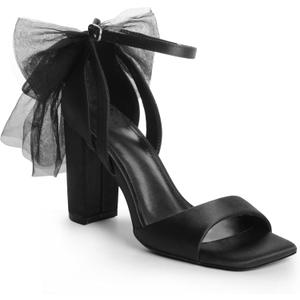 Bow Heels for Women Square Toe Chunky Heel Wedding Shoes (6.5, Black)
