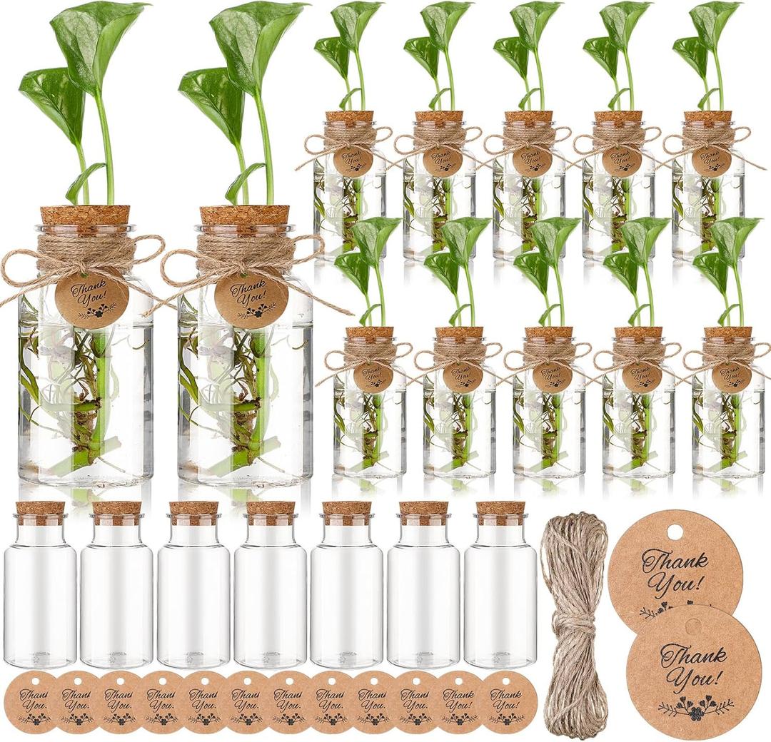 Baderke 24 Pack 4.84'' Plastic Plant Propagation Stations with Hole Lid Planter Vase Clear Propagation Jars with Thank You Tags for Plant Lover Gifts for Women Office Home Garden
