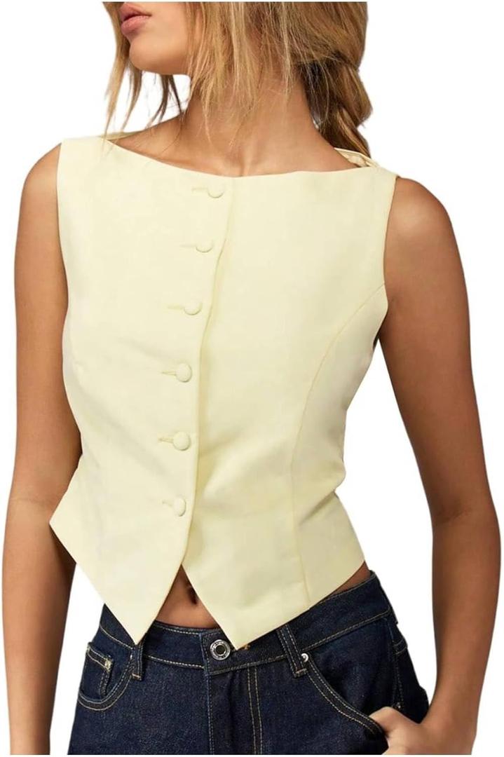 Milumia Women's Sleeveless Button Down Tank Tops Slit Hem Fitted Vests Waistcoat Top (Yellow, L)