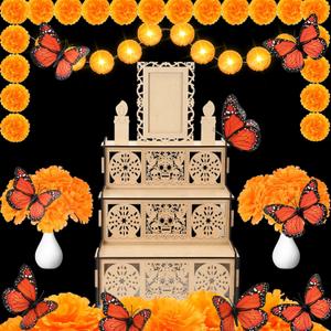 Jetec 28 Pcs Dia De Los Muertos Decoration Altar Ofrenda Wood Shadow Box Day of The Dead Decor with 1 Altar Ofrenda 20 Marigold Flower 4.92 ft Lighted Marigold Garland 6 Butterfly(Stylish, Extra Large)