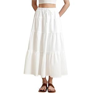 Women's Tiered Ruffle Hem Maxi Skirt A Line Elastic Waist Flowy Skirts, L
