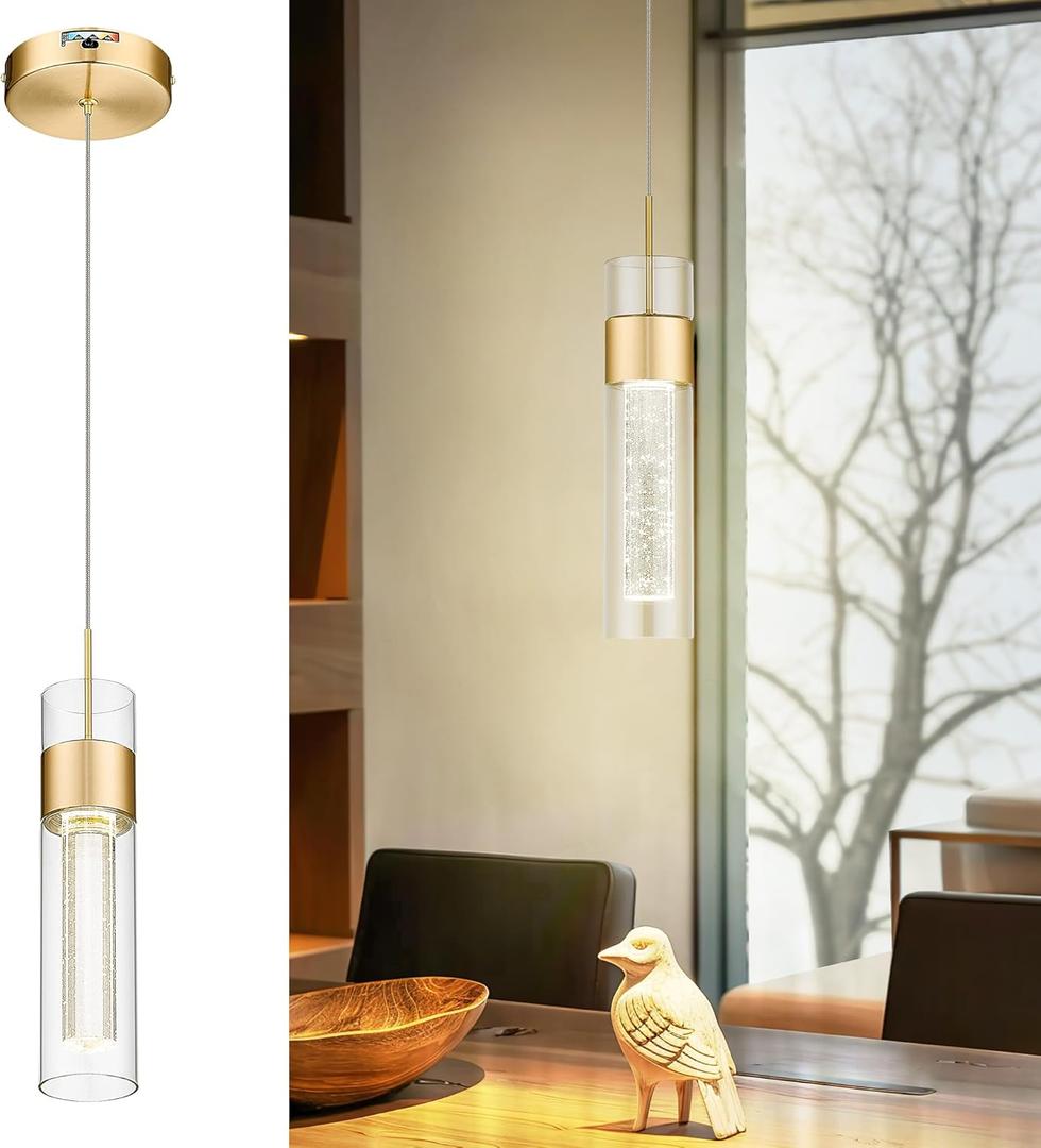 kudos Gold Pendant Light Fixtures, Modern LED Pendant Lights with Clear Glass and Bubble Crystal, Pendant Lights for Kitchen Island, KDPL09-GD