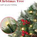 Outdoor Christmas Tree Frosted Urn Filler, Pre-lit Artificial Xmas Tree with LED Lights, 18 Inch Small Christmas Tree with Cones & Red Berries (1ft 6in, Green & Warm Light)