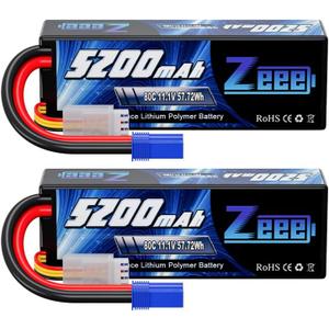 Zeee 3S Lipo Battery 5200mAh 11.1V 80C Hard Case RC Lipo with EC5 Connector for 1/5 1/8 1/10 RC Car Boat Truck Heli Airplane UAV Drone FPV Racing Models(2 Packs)