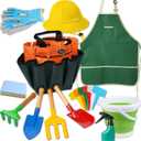 Kidz Gardening Set -Real Metal Gardening Tools Kit for Childrenz Includes Sturdy Shovel,Rake,Fork,Trowel,Kidz Garden Kit with Sun Hat,Apron,Gloves,Tote Bag,Sprayer and Bucket,Outdoor Gardening Gifts