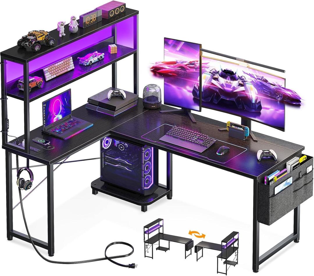 AODK L Shaped Desk Gaming Desk with LED Light & Power Outlet, 53 Inch Reversible L Shaped Computer Table with Shelf & Storage Bag & Hook for Home Office, Black