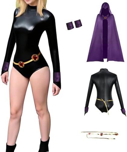 Tokisaki Women's Purple Cosplay Costume Jumpsuit Hooded Cape Cloak with Red Gem Belt Halloween Bodysuit XXL