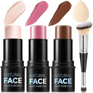 3Pcs Cream Contour Stick Makeup Kit, Shades with Highlighter, Blush and Bronzer Contour Stick for Sculpt the Cheeks, Long Lasting, Waterproof, Matte & Dewy Finish (LIGHT MEDIUM(2+5+6))