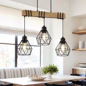 20 inch 3-Light Kitchen Island Lighting,Modern Chandelier Over Table, Dining Room Light Fixture Hanging for Modern Farmhouse Linear Chandeliers Black Rustic Wood Ceiling Pendant Light Fixtures