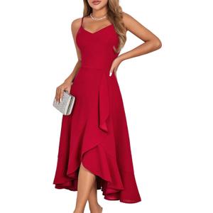 DRESSTELLS Women's Cocktail Party Dress, Formal Wedding Guest High Low Dress, Fit Flare Holiday Prom Dress (Large, Red)