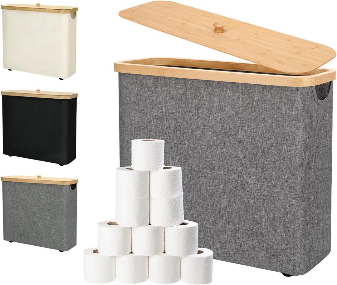 Toilet Paper Storage 30L - Waterproof Toilet Paper Basket with Bamboo Lid and Handle, Bathroom Organizer 