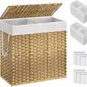 SONGMICS Laundry Hamper with Lid, 130L Clothes Hamper with 2 Removable Liner Bags, 6 Mesh Bags, Wicker Laundry Basket, Double Laundry Hamper for Bathroom, 13 x 26 x 23.6 Inches, Natural ULCB253N01