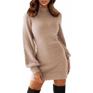 EXLURA Women's Mock Neck Ribbed Long Sleeve Bodycon Pullover Cute Mini Sweater Dress XL