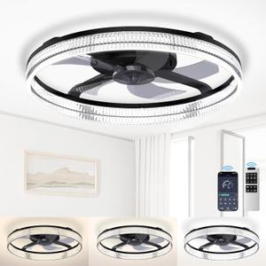 Ceiling Fans with Lights and Remote, Stepless Color Temperature Change and 6 Speeds, Flush Mount LED Ceiling Fan for Bedroom, Kids Room, Living Room - 20" Modern Ceiling Fans (Black)