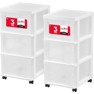 IRIS USA Plastic 3-Drawer Storage Organizer Rolling Cart, with Wheels Casters, 2-Pack, for Classroom Art Supplies Bathroom Dorm Bedroom Laundry Room, Slim Narrow, White/Clear