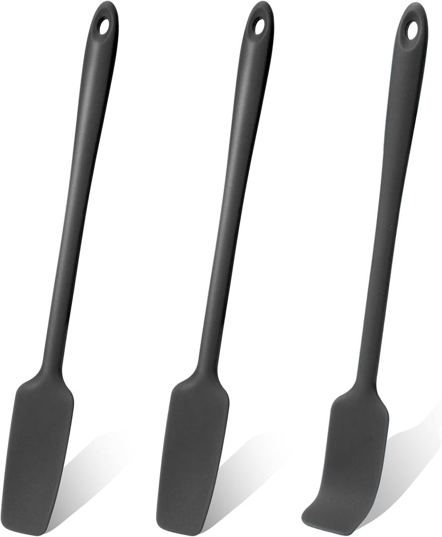 3 Pcs Small Spatulas Set Silicone Jar Spatulas with Long Handle Heat Resistant Non-Stick Mini Spatulas Jam Spreader Scraper Narrow Rubber Spatula for Baking and Cake Icing Kitchen Use 11 Inches (Black)