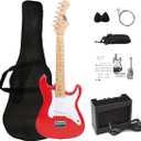 30 Inch Kids Electric Guitar Beginner Kit, Junior Size Mini Electric Guitar for Children with Amplifier (battery/adaptor not included) and Guitar bag, Unisex Red