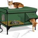 Heated Cat House for Outside,Dual Camera Mounts,100% Weatherproof & Extremely Insulated,Elevated Feral Cat Shelter with Escape Door,Waterproof Eaves for Outdoor Stray Barn Cat(Army Green,L) (25.6"L x 16.5"W x 18.5"H)